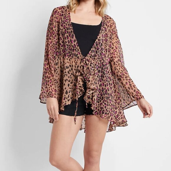 Express Women's Cheetah Print Ruffled Long Sleeve Cover-Up - S/M - Picture 1 of 7